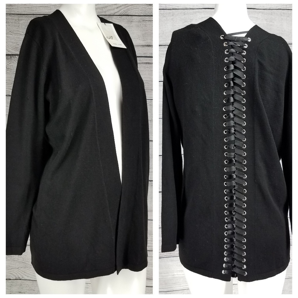 NWT John+Jenn Cardigan Sweater Open front Lace up Back Black Women XS